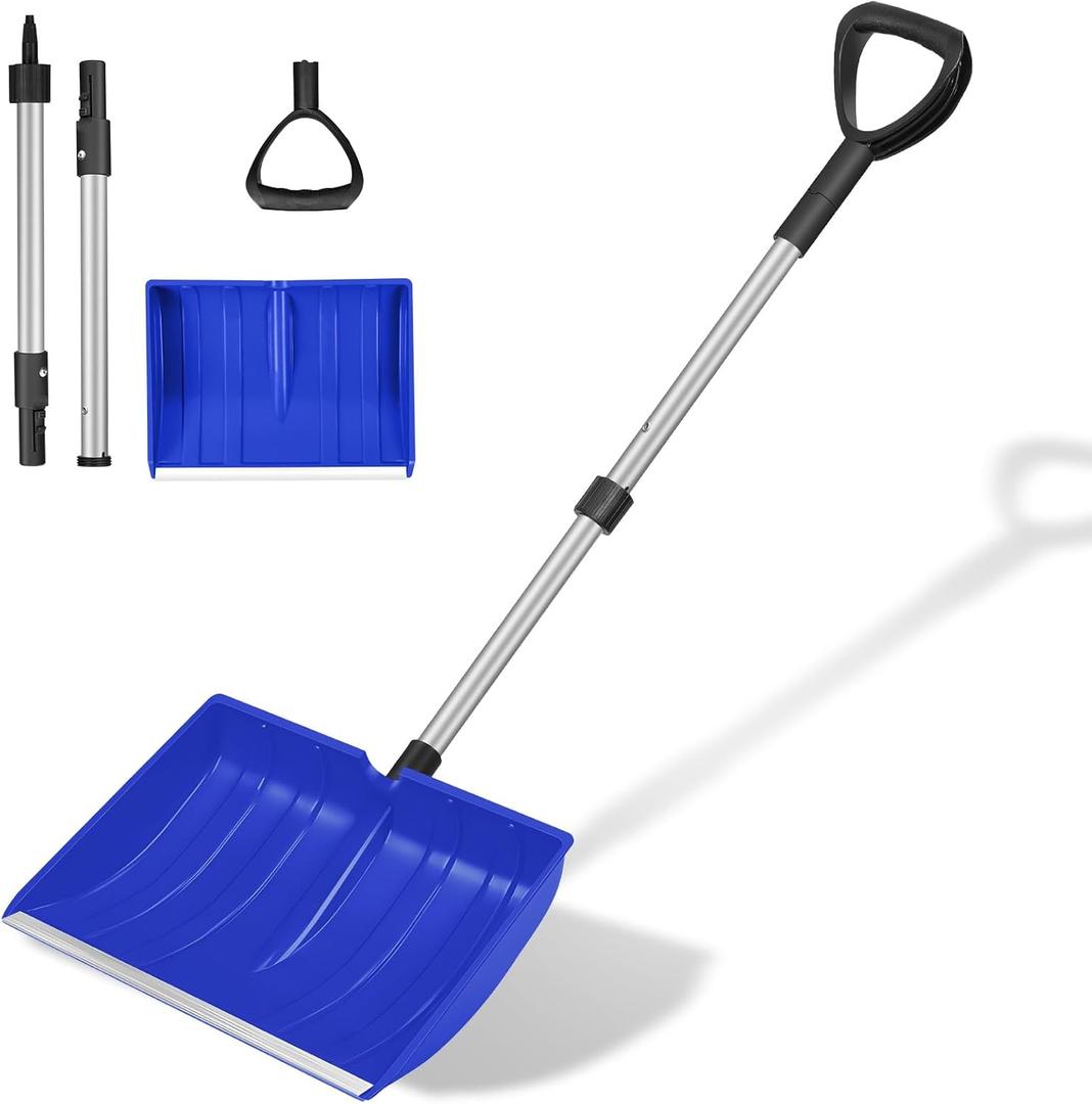 Ergonomic Large Snow Shovel for Driveway: 48-Inch Dual-Lock Knob Anti-Wobble Handle, 16" Plastic Blade w/Metal Edge, Ultra-Light 1.9 lb, Portable Aluminum Shaft, Car, Camping & Emergency (Blue)