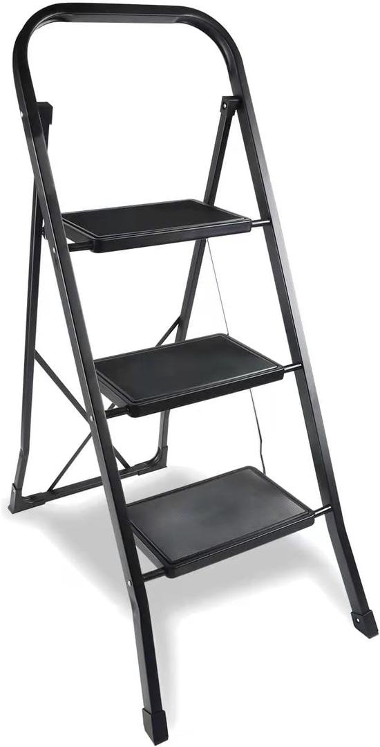YSSOA 3 Step Ladder, Folding Step Stool with Wide Anti-Slip Pedal, 330 lbs Sturdy Steel Ladder, Convenient Handgrip, Lightweight, Portable Steel Step Stool, Black (HILADDFOLD3B)
