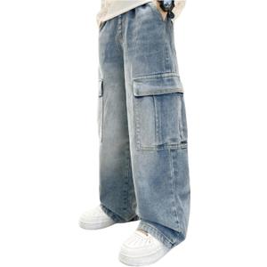 Verdusa Boy's Baggy Straight Leg Denim Pants Loose Vintage Cargo Jeans with Pockets (Blue), 13Y