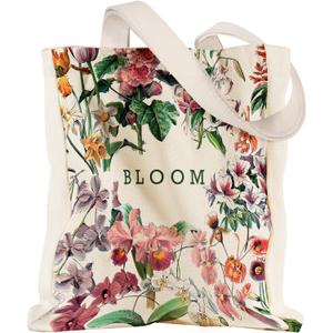 5 x Aesthetic Heavy Canvas Tote Bag with Pocket for Women, Cloth Gusseted Totes Bag with Pattern for Shopping (Bloom)