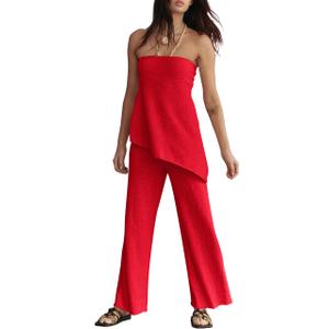 TERIVEEK Summer Knit Sweater Sets for Women 2 Piece Vacation Outfits Strapless Tube Top and Pants Sets Matching Lounge Set (Red, L)