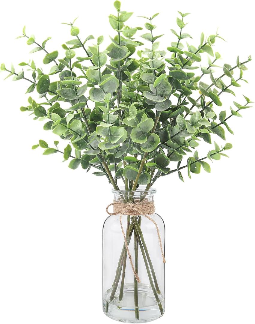 Artificial Eucalyptus Stems in Glass Vase with Faux Water, 14.57" Small Fake Plants Eucalyptus Leaves for Centerpiece Table Bathroom Farmhouse Shelf Kitchen Office Home Faux Greenery Decor