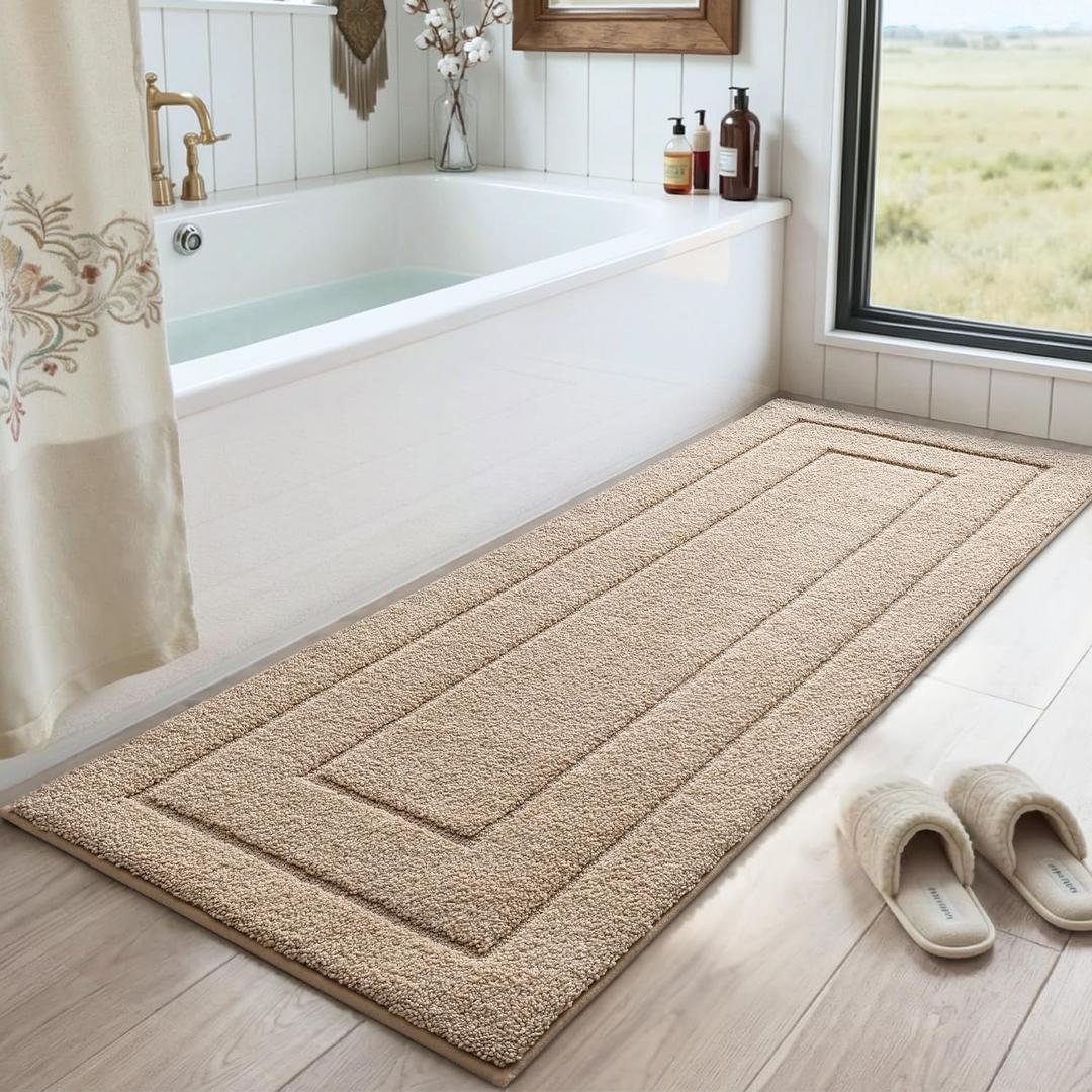 DEXI Bathroom Rug 60x24, Non Slip Washable Bath Mat Runner for Shower Floor, Extra Long Absorbent Soft Bathmat with Rubber Backing, Quick Dry Microfiber Carpet, Beige