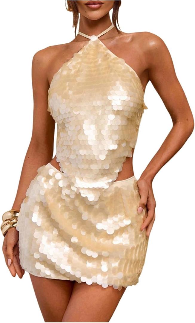 MakeMeChic Women's 2 Piece Outfits Glitter Sequin Halter Crop Top and Bodycon Mini Skirt Party Sets Apricot B Large