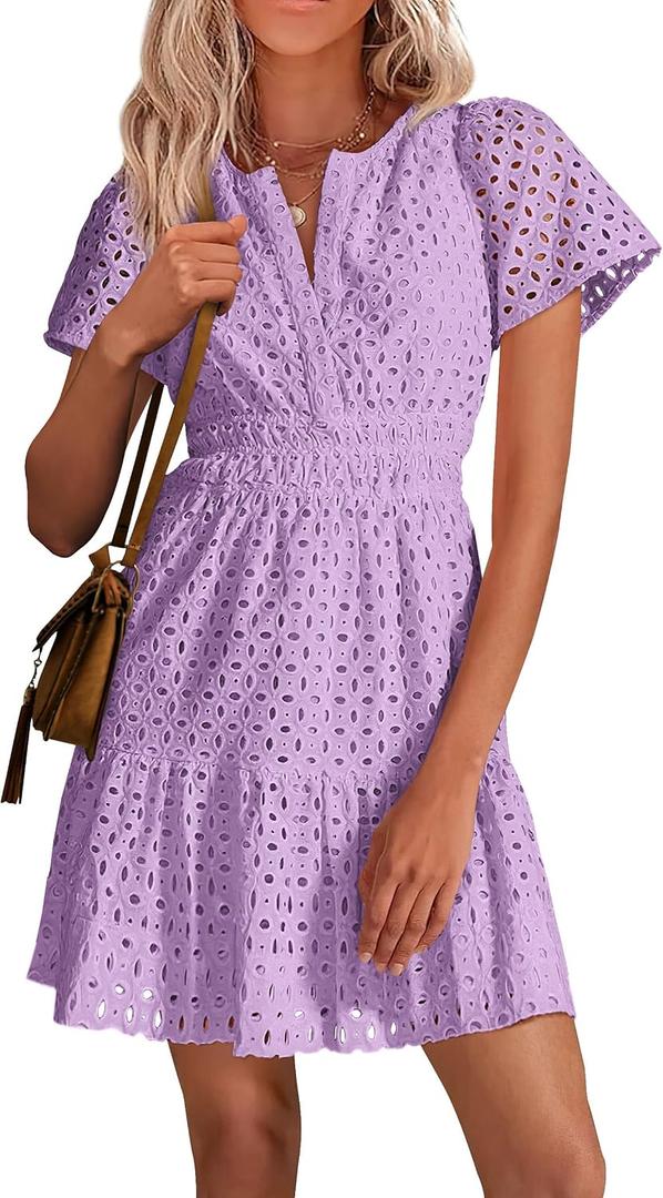 PRETTYGARDEN Womens 2026 Summer Short Dress V Neck Short Sleeve A Line Hollow Out Lace Cute Casual Beach Party Spring Dresses (Purple, S)