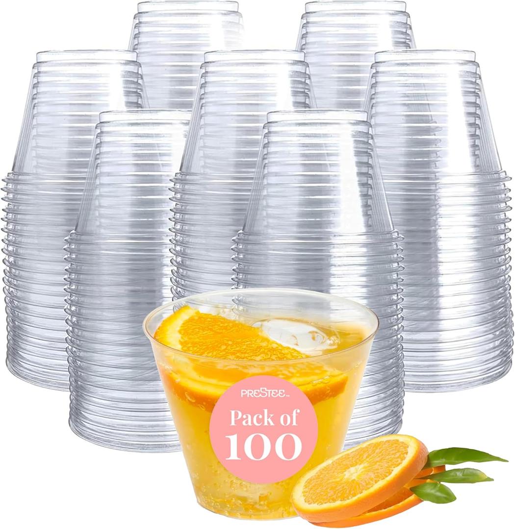 Prestee Set of 100-5 oz Clear Plastic Cups Hard Disposable Drinkware - Bulk Cocktail, Wine and Punch Tumblers - Party and Event Drinking Cups