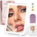 10X/1X Magnification Lighted Makeup Mirror with Lights, Rechargeable Magnifying Mirror with 80LED&2000mAh Battery, Portable Travel Vanity Mirror with 3 Colors Dimmable Lighting, Travel Essentials (White)