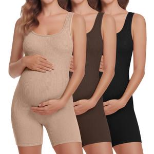 3 Pcs Maternity Rompers for Women Pregnancy Cotton Bodysuit Ribbed Shorts Jumpsuit Shapewear Workout Tank Tops (M)