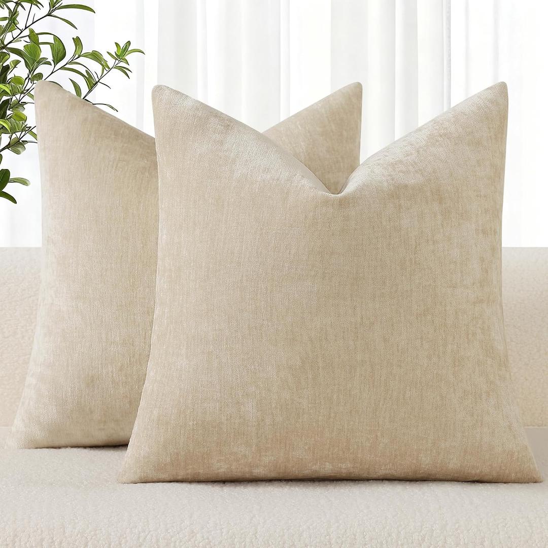 decorUhome Chenille Beige Throw Pillow Covers 20x20 Inch Set of 2, Decorative Soft Couch Pillow Covers Solid Dyed Accent Farmhouse Neutral Square Pillow Cases for Sofa