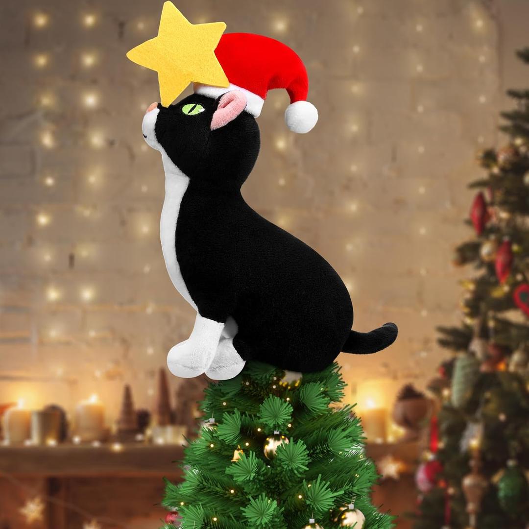 Shappy Christmas Tree Topper Decoration Black Cat Christmas Tree Topper with Star Plush Stuffed Christmas Tree Ornament Cat with Santa Hat Xmas Decoration for Cat Lovers Gift Ideas