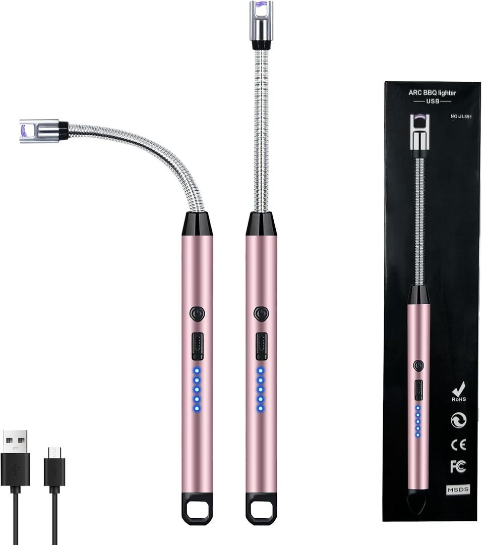 2 PCS Candle Lighter, Electric Lighter Arc Windproof Flameless with 360 Flexible Neck & LED Power Display, Lighters for Candle for BBQ, Grill, Camping, Fireplace, Stove(Pink)