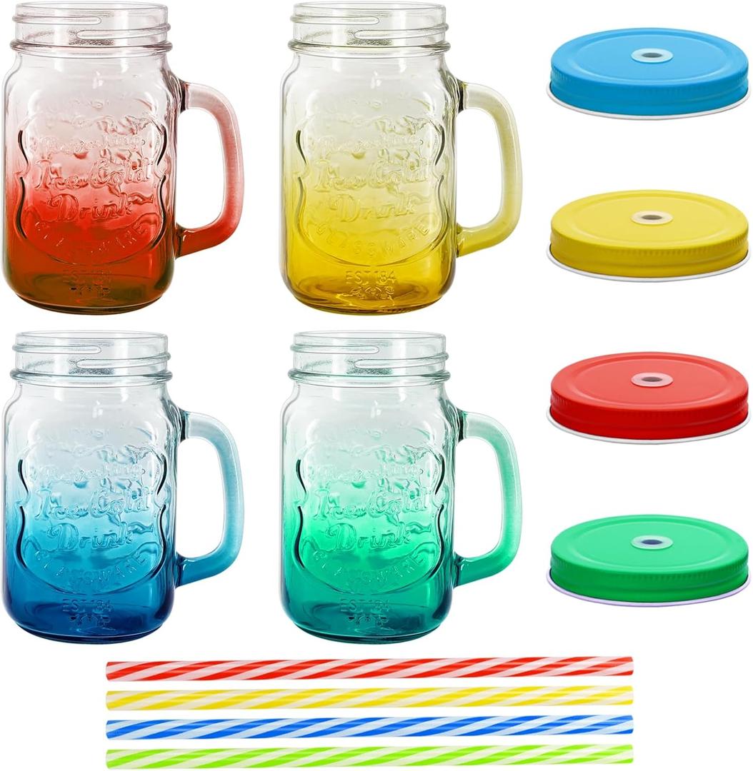 16 oz Glass Mason Jars with Handles Set Of 4 Colored gradient Embossed and Metal Lids and Hard Plastic Straws Drinking Glasses Cups Mug Set for Iced Coffee, Tea