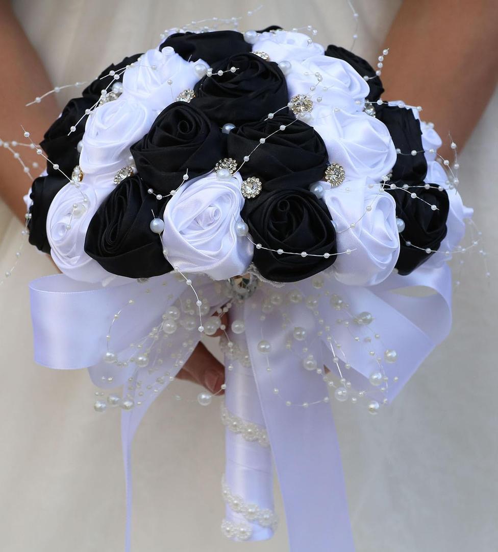 Bridal Wedding Bouquet Round Bling Brooch Bouquet Throw Toss Artificial Rose Flower Bunch for Bride Bridesmaid Wedding Quinceanera(White & Black, 6.3")