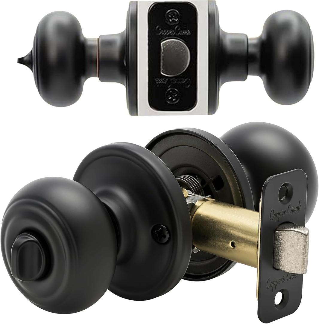 Copper Creek Colonial Privacy Interior Door Knob – ANSI Grade-3 Certified, Modern Heavy Duty Handle, Easy Install and Reversible for Bedroom, Bathroom and Closets – Matte Black