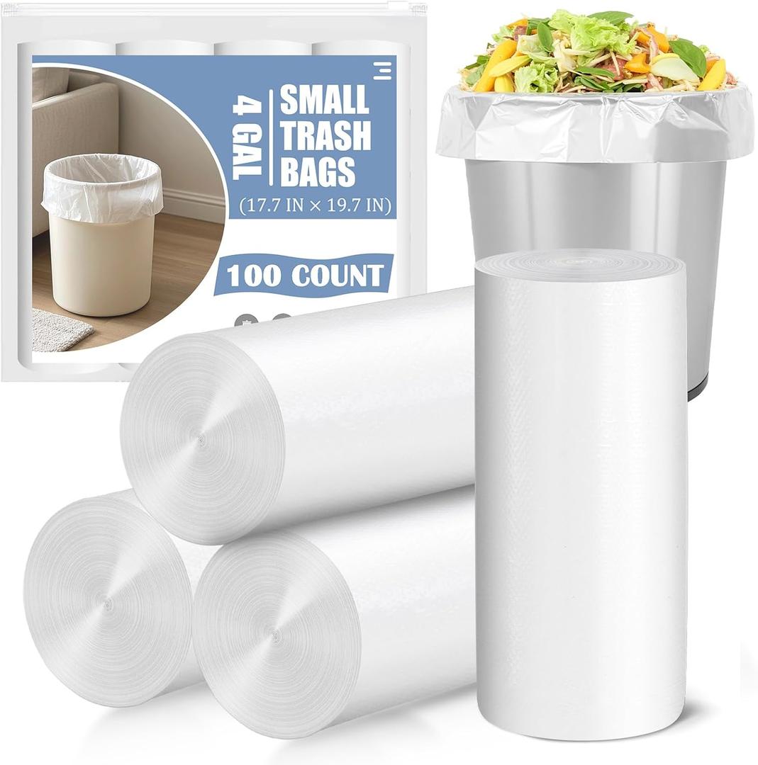 2 x Small Trash Bags 4 Gallon - 100 Count 4 Gallon Trash Bag, Unscented Small Garbage Bags Bathroom Trash Bags, White 4 Gal Trash Can Liners