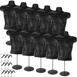 10 Pack Male Mannequin Torso with Stand, Dress Form Maniquin Body Tshirt Display Waist Hollow Back Body with Hanging Hook for Counter Clothes Display Shows Photos or Design, S-M Sizes Black