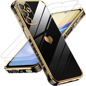 LeYi for Galaxy A15 5G Phone Case: with Tempered Glass Screen Protector [2 Pcs]+ Camera Lens Protection, Love Heart Plating Women Luxury Shockproof Case for Samsung A15, Cute Present for Mom, Black