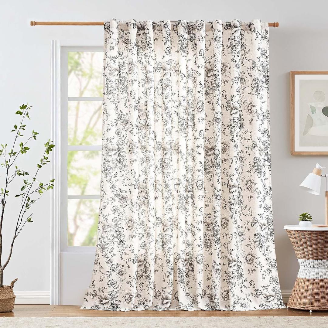 jinchan Linen Floral Curtains Extra Wide for Patio Sliding Glass Door Room Divider Curtain for Living Room 96 Inch Length Farmhouse Peony Black Printed Curtain Set 1 Panel