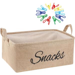 Newtay 17 Pcs Snack Basket Sets, Snack Storage Bin for Pantry Shelves with 16 Pcs 2 Inch Chip Clips, Basket Organizer for Kitchen Home, Chips, Popcorn, Candy, Pretzels(Burlap,Khaki)