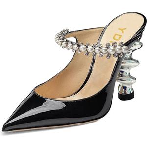 YDN Women Trendy Metallic Spiral Heels Slip On Sandals Rhinestone Strap Pumps Pointed Toe Mules Party Shoes (9, Black Pearls)