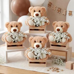 Amyhill 4 Sets Bear Baby Shower Centerpieces Baby Shower Table Decorations with Bears Wooden Crates Bamboo Baskets Artificial Flowers for Birthday Wedding Gender Reveal Party(Classic)