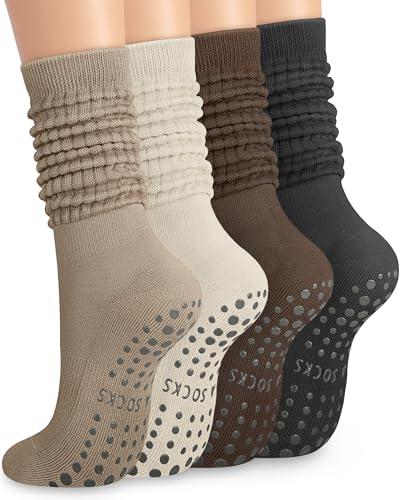 YSense 4 Pairs Pilates Socks with Grips for Women Non Slip Long Slouch Socks Yoga Grippy Sock Slouchy Barre Hospital Slipper (Black Coffee Khaki Milky White)