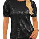 GRACE KARIN Womens Full Sequin Tops Sparkle Glitter Blouses Lantern Short Sleeve Shirts Dressy Party Concert Outfits Medium