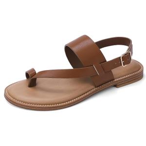 Luffymomo Women's Thong Flat Sandals Adjustable Ankle Buckle Summer Sandal Casual Open Toe Fisherman Shoes (Brown)