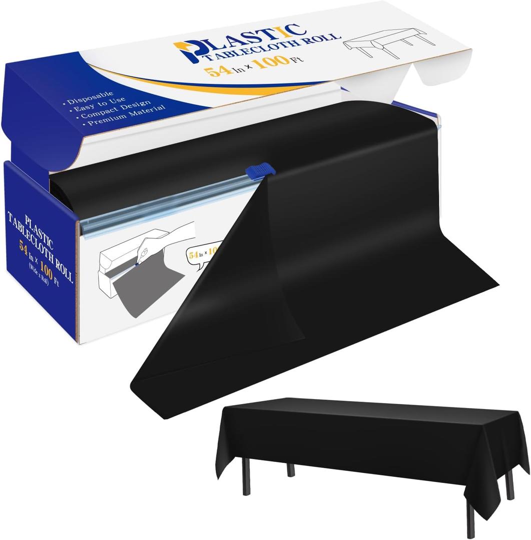 Plastic Table Cover Roll Black Disposable Table Cloth 54 in x 100 Ft, Plastic Table Cloths with Slide Cutter Table Cover for Parties