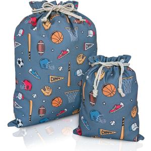 Gather & Knot Drawstring Gift Bags | 20" Large 12" Small | Premium Canvas | Reusable Fabric Wrap for Boy Birthday | Baseball Football Soccer | Sports