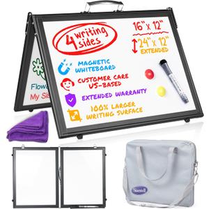 Small Dry Erase White Board Magnetic Desktop Whiteboard - 16x12 inch 4 Sides Portable Whiteboard for Kids - Tabletop Mini Easel with Cover Bag for Office Desk, Students, Teachers