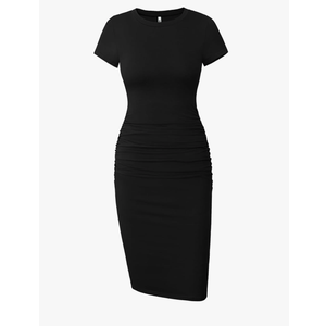 Missufe Women's Short Sleeve Ruched Casual Sundress Midi Bodycon T Shirt Dress, Size M