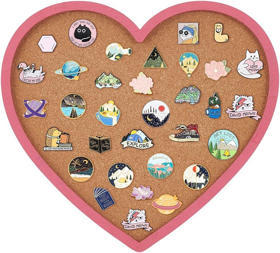 BENECREAT Pearl Pink Heart Pin Cork Board, 11.8x10.7inch Bulletin Display Board Wall Mounted Cork Board with Pink Frame for Brooch Pin Storage Display, Office Home and School Decor