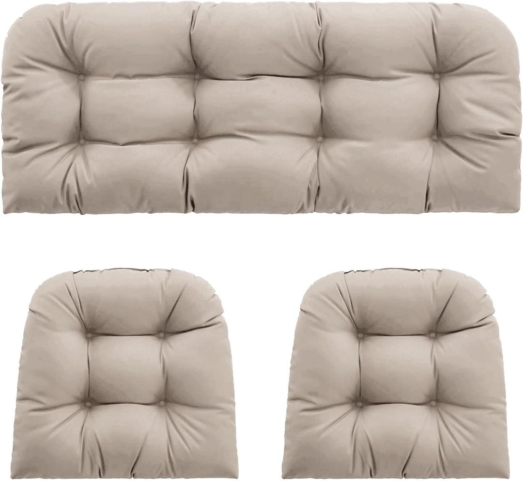 Outdoor Wicker Chair Cushions 3 Pieces for Patio Furniture, 1 Loveseat Cushion 44x22x4 and 2 U-Shaped Cushions 22x22x4, Indoor Outside Use, Fade-Resistant & Waterproof, Taupe