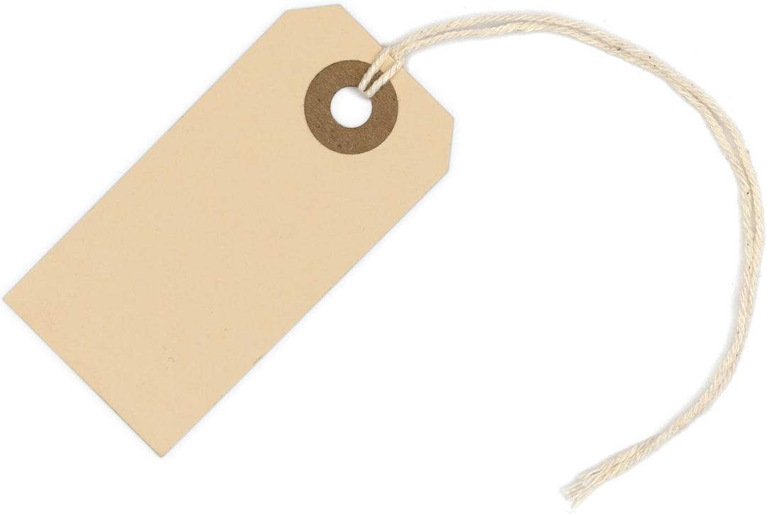 100 Small Manila Paper Tags with String - #1, 2 3/4 x 1 3/8 - Hang Shipping Labels with String Attached and Reinforced Hole, Pre-Strung Tags
