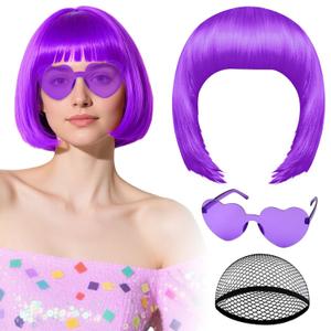 PLULON Purple Bob Wig with Heart Sunglasses and Hair Cap, Colorful Short Bob Wigs Synthetic Party Wigs Funny Cosplay Hairpieces for Women Men Daily Bachelorette Halloween Costume Party Decorations