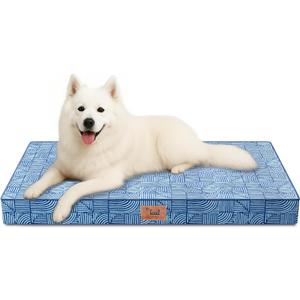 Outdoor Large Washable Dog Bed, Orthopedic Egg Crate Foam Dog Crate Mat for Large Dogs with Removable Oxford Cooling Cover, White Blue