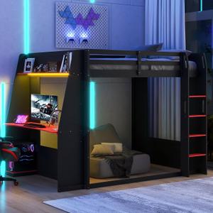 Merax Queen Over Queen Wooden Gaming Bunk Bed with Built-in Desk, LED Lights, USB Port, and 2 Storage Shelves, Solid Wood Gaming Loft Bed for for Bedroom, Black+Red