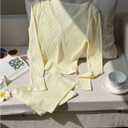 WDIRARA Women's 2 Piece Outfits Skinny Mini Shorts Set V Neck Long Sleeve Knitted Outfits (Yellow, L)