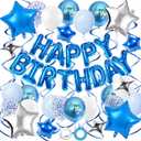 Blue Birthday Decorations, 3D Foil Blue Happy Birthday Balloon Banner with Star Balloons, Confetti Balloons, Hanging Swirls, for Boys Girls Men Women Party Decorations
