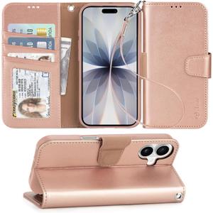 Arae Compatible with iPhone 17 Case Wallet with Card Holder, Wristlet Strap Wallet Flip Cover for iPhone 17 6.3 inch Men/Women, RFID Blocking, Kickstand, Rose Gold