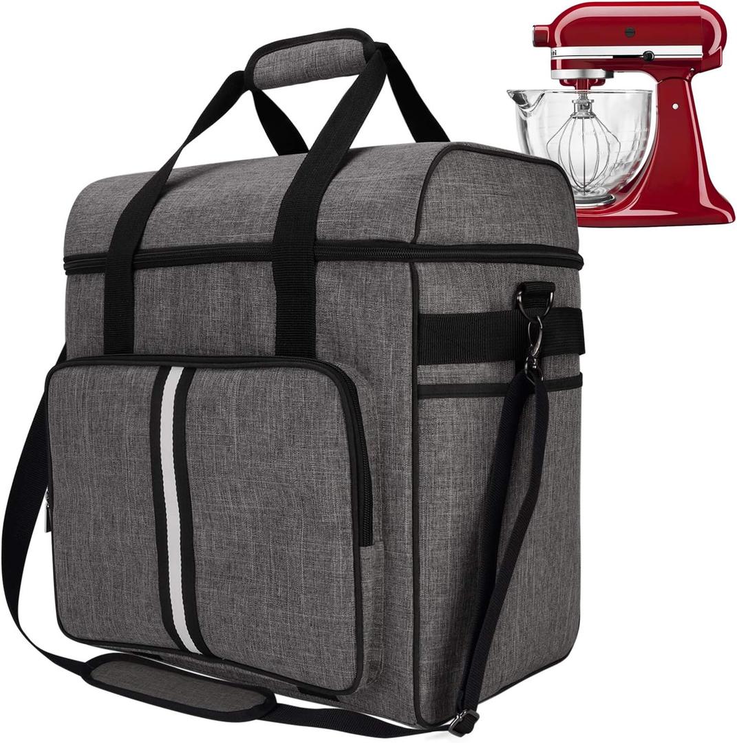 BAGLHER Heavy Duty Kitchen Mixer Cover for 6-8 Quart Stand Mixers, 2-in-1 Shoulder & Hand Carrying Case with Accessory Pockets (15x10.5x17, Grey), Large Fits for 6-8 Quart