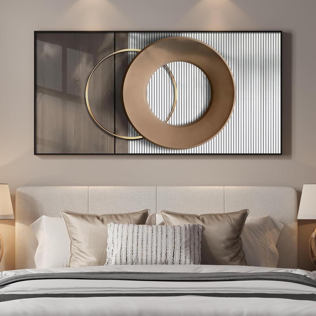 Large Horizontal Modern Wall Art for Bedroom, Framed Neutral Picture Prints, Minimalist White Brown Circle Geometric Painting Artwork Decor for Living Room Dining Room Hallway Office 56x28 Inch