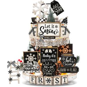 Nuogo 25 Pcs Winter Tiered Tray Decor Wood Rustic Winter Decoration for Home Christmas Snowflake Table Shelf Farmhouse Let It Snow Decor Xmas Snowman Signs for Table Holiday