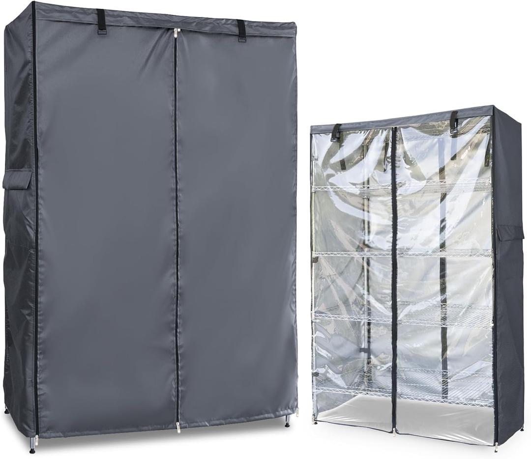 Waterproof Shelf Cover,600D Heavy Duty Dustproof Storage Wire Rack Covers,Outdoor Shelving Covers for Wire Shelves with Zipper 30''x14''x62'',Clear Front. (Grey)
