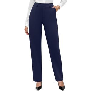 DLOODA Stretchy Work Pants Women High Waisted Pull On Dress Pants Office Business Casual Slacks with Pockets Navy Blue Meduim
