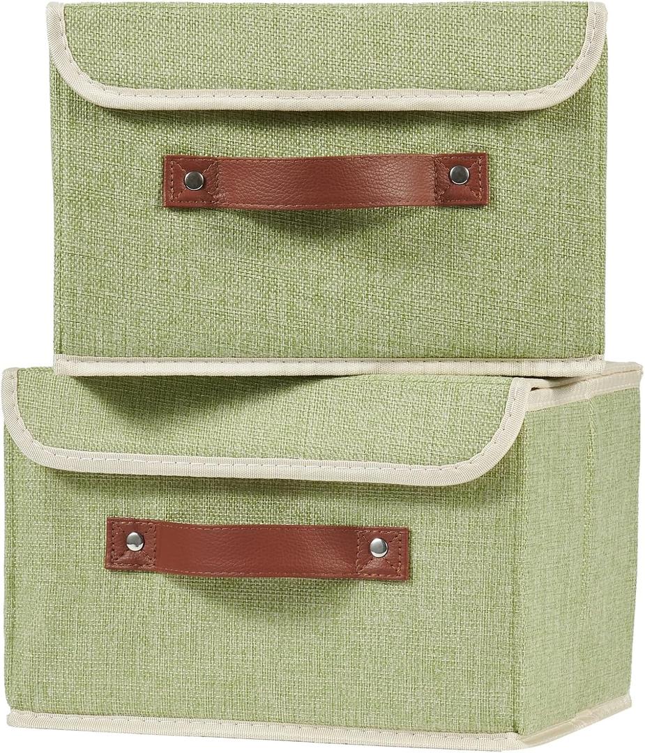 2PCS Storage Boxes with Lid Cotton Linen Fabric Storage Bins Organizer Container Decorative Collapsible Washable Shelf Closet Baskets Faux Leather Handles Home Bedroom (Green, Small Size)