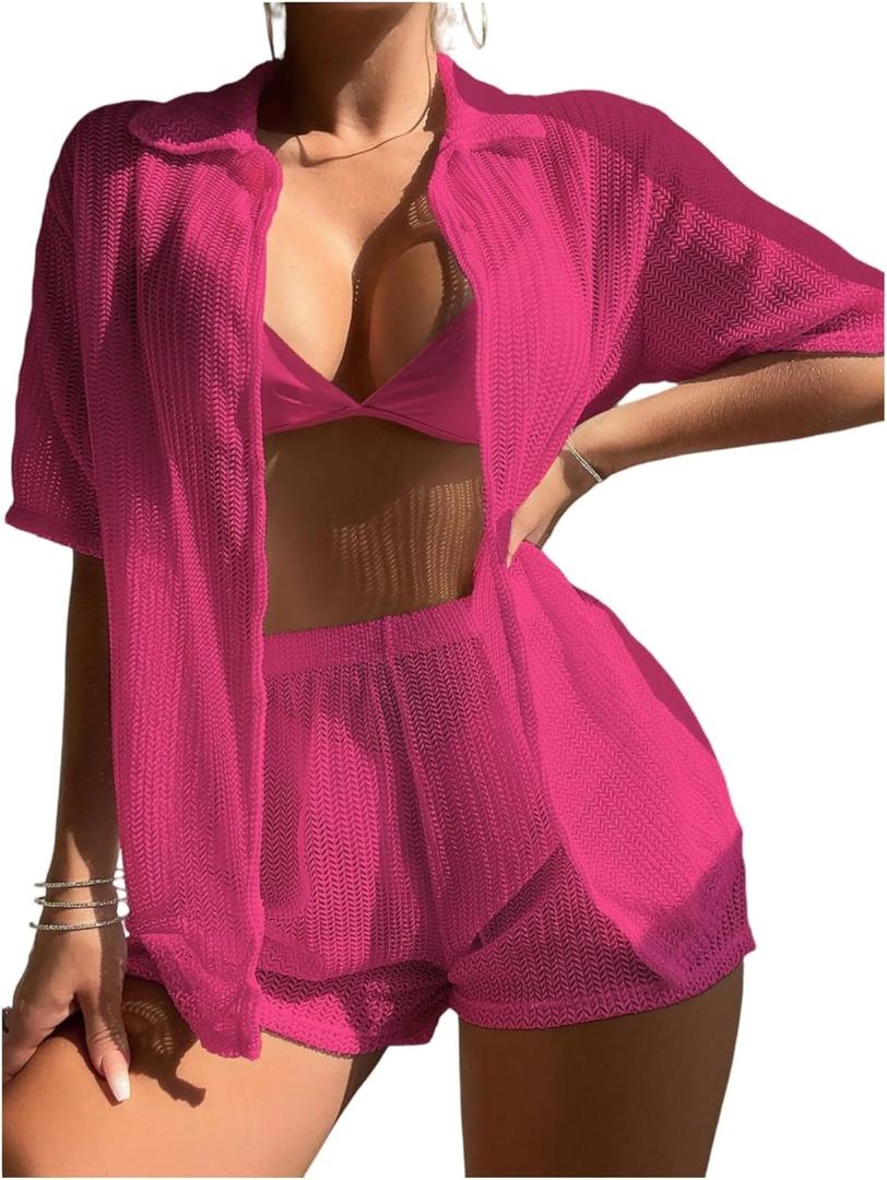 SHENHE Women's Sheer Swim Cover Up 2 Piece Set Kimono Shirt and Shorts Bikini Coverup (X-Large, Hot Pink)