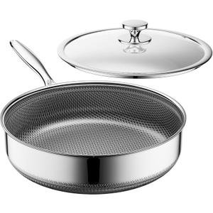 Frying Pans Nonstick with Lid,Hybrid Nonstick 4-Quart Deep Saut Pan, Stay-Cool Handle,PFAS PFOA PTFE Free,10 Inch Deep Frying Pan Dishwasher-Friendly, Oven-Safe, Compatible with All Cooktops