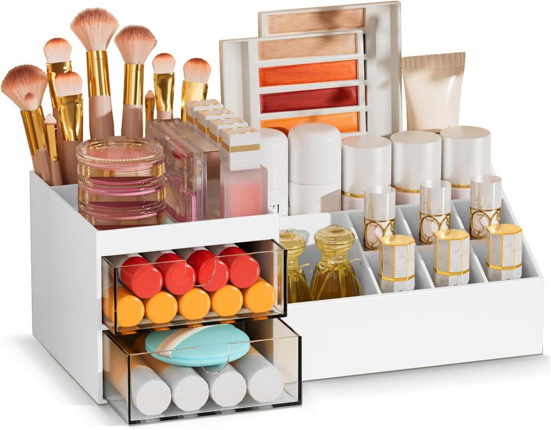 Subsky Makeup Organizer with Drawers, Easy Storage for Beauty Products Brushes, Multifunction Plastic Desk Organizer, Cosmetics Organizer for Countertop Dresser Vanity and Bathroom (White) (White with Drawers)